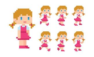 pixel konst 8 bit söt flicka blond rosa klänning karaktär springa animering vektor