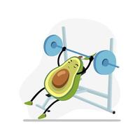 Avocado im Fitnessstudio Bank Drücken Sie, Charakter süß aktiv, komisch Essen, Natur Ernährung, tun Sport und Fitness. Vektor Illustration