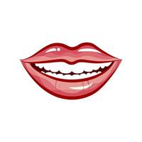 Frau Lächeln isoliert im Weiß Hintergrund. Vektor schön Karikatur Mund lächelnd zum Logo Dental Klinik, Sinnlichkeit Mode glänzend Lippen. Illustration Glanz Verlangen und Sinnlichkeit