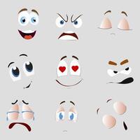 tecknad serie ansikte leende gråta, arg och kärlek. vektor smilande rolig ansikte, skratt emoji, uttryck mun och ögon med hjärta, nyfiken och kärlek illustration