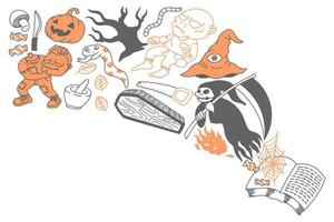 uppsättning av söta halloween doodles, tecknad film, kul, tryck, konst vektor
