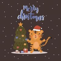 Süßer Tiger im Doodle-Stil schmückt einen Weihnachtsbaum. Geschenke sind unter dem Weihnachtsbaum, die Aufschrift Frohe Weihnachten. vektor