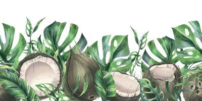 Kokosnüsse ganz, Hälften und Stücke mit hell, Grün, tropisch Palme Blätter. Hand gezeichnet Aquarell Illustration. nahtlos Rand isoliert von das Hintergrund vektor