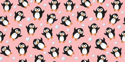 tecknad serie pingvin. sömlös mönster. karaktär, antarktisk djur, polär fågel, snö. vektor platt tecknad serie illustration. värld pingvin dag.