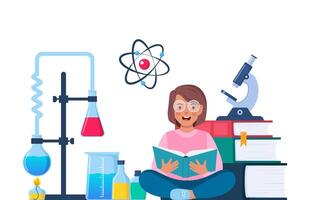 wenig Kind studieren Chemie. Apotheke Arbeitsplatz mit Bücher und Labor Ausrüstung. Forschung und Erkundung. Studien im Chemie. Vektor Illustration.