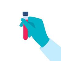 kemisk forskarens hand i en sudd handske innehav testa rör med några ämne. molekyl av organisk ämne. laboratorium forskning. vektor illustration