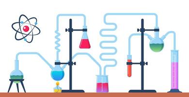 kemisk laboratorium med annorlunda glas flaskor, flaskor, provrör med ämne och reagens. labb forskning, testning, studier i kemi, fysik, biologi. baner, affisch. vektor illustration.