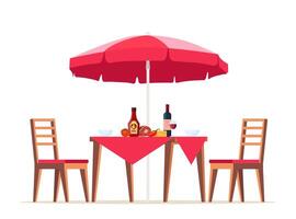 Sommer- Picknick Tabelle bedeckt mit ein Tischdecke, Stühle und Regenschirm. Essen auf das Tabelle zum Familie Grill, Picknick, Grill Party. Vektor Illustration.