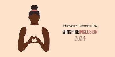 inspirieren Aufnahme 2024 Banner mit attraktiv schwarz Frau. International Damen Tag Inspirieren Sie Inklusion Slogan. Mädchen mit herzförmig Hände. glücklich Frühling Urlaub iwd 8 März mit Sozial Kampagne unterzeichnen. vektor