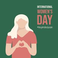 vår inspirera inkludering internationell kvinnors dag hälsning kort. kvinna vika ihop henne händer med hjärta iwd 2024. lady med vit albino hud på minimalistisk illustration med inspirera inkludering slogan. vektor