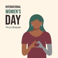 flicka med protes eller handikapp på inspirera inkludering internationell kvinnors dag affisch. kvinna vika ihop henne bion mekanism händer som hjärta iwd 2024. minimalistisk vykort med inspirera inkludering slogan vektor