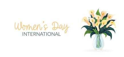 International Damen Tag. 8 März Banner, Postkarte mit isoliert Strauß von Calla Lilien im Vase. Blumen auf Weiß Hintergrund. modern horizontal Vektor Design zum Poster, Kampagne, Sozial Medien Post.