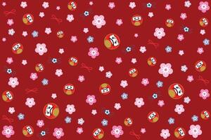 Illustration, Muster von das Daruma Japan dall mit Sakura Blume auf tief rot Hintergrund. vektor