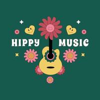 ljus skriva ut med akustisk gitarr, blommor och hjärtan och de inskrift hippie musik. en design element för en psykedelisk, nosyalgisk festival. vektor