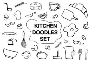 kök klotter ikon uppsättning. hand dragen rader kök matlagning verktyg och vitvaror, köksutrustning, redskap tecknad serie ikoner samling vektor