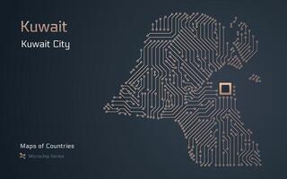 Kuwait Karte mit ein Hauptstadt von Kuwait Stadt gezeigt im ein Mikrochip Muster mit Prozessor. E-Government. Welt Länder Vektor Karten. Mikrochip Serie