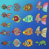 färgglada söta tecknade doodle fisk set. handritad tunn linje tropiska akvariefiskar och sköldpadda ikonsamling isolerad på vit bakgrund. vektor