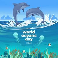världshavens dag 8 juni. rädda vårt hav. delfiner, maneter och fiskar simmade under vattnet med vackra korall- och sjögräsbakgrundsvektorillustrationer. vektor