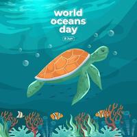 Tag der Weltmeere 8. Juni. rette unseren Ozean. Meeresschildkröten und Fische schwammen unter Wasser mit schöner Korallen- und Algenhintergrundvektorillustration. vektor