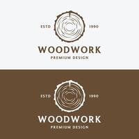 trä och naturlig fiber logotyp mall design, snickare och trä- planka med fick syn på hantverkare verktyg. vektor