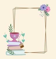 Teezeit süße Tasse auf Büchern Blumenblätter Rahmendekoration vektor
