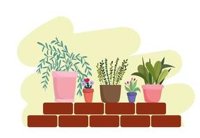 Gartenarbeit Topfpflanzen und Blumen auf Mauerziegeln vektor