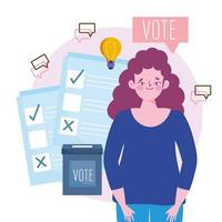 ung kvinna rösta val ruta och valsedlar med bock vektor