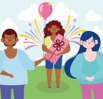 flicka med gåva och vänner ballonger fest firande tecknad vektor