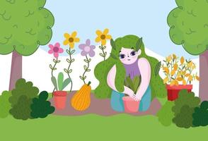 Gartenarbeit, Mädchen, das im Garten oder Bauernhof mit Pflanzen und Kürbis arbeitet vektor