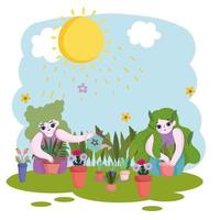 trädgårdsarbete, tjejer med vattenkanna som tar hand om växter som växer i krukor vektor