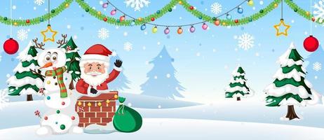 jul bakgrund med jultomten och snögubbe vektor
