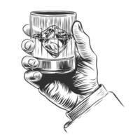 Hand halten Whiskey oder Alkohol Glas. Scotch Rum Gin oder Brandy. Vektor Hand gezeichnet skizzieren graviert Jahrgang Stil. Cognac Glas isoliert auf Weiß Hintergrund. Hand gezeichnet Tinte skizzieren