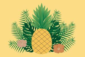 frisch Ananas Banner mit tropisch Pflanzen, Palme Blätter und exotisch Hibiskus Blumen, auf Pastell- Hintergrund zum Marke, Logo, Vorlage, Etikett, Emblem, speichern, Verpackung, Werbung. Vektor Illustration.