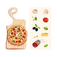 italiensk mat. aptitlig pepperoni pizza på en skärande styrelse. Ingredienser för pizza. vektor