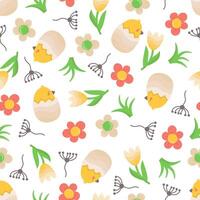 sömlös påsk mönster med kyckling i skal och blommor. stock isolerat bild på en vit bakgrund i tecknad serie stil. vektor
