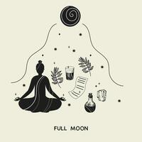 voll Mond Rituale Hand gezeichnet Vektor Illustration mystisch Motiv Gekritzel Hintergrund meditieren Frau, Kristall, Mond, Sterne, Energie Wasser magisch Pflanze. Design zum Lebensstil, Veränderung Zoll Yoga spirituell