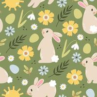 nahtlos Muster mit Kaninchen, Blumen, Eier. Vektor eben Illustration zum Tapeten, Verpackung, Textilien.