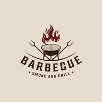 utegrill grill silhuett logotyp vektor årgång illustration mall ikon grafisk design. bbq biff hus med flamma och gaffel tecken eller symbol för mat restaurang med retro typografi stil