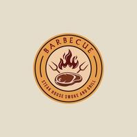 Grill Steak Logo Emblem Vektor Illustration Vorlage Symbol Grafik Design. Grill Grill mit Flamme und Fleisch Gabel Zeichen oder Symbol zum Essen Restaurant Steak Haus mit Kreis Abzeichen retro Typografie Stil