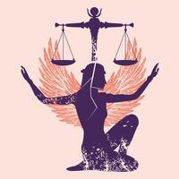 t-shirt design terar de silhuett av ett egyptisk kvinna på henne knän med utsträckt vapen, vingar och en skala, i blå och orange toner. östra representation av rättvisa och balans. vektor