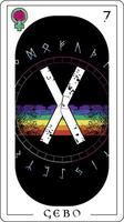 Wikinger Tarot Karte mit Runen Alphabet. Runen Brief namens gebo Nächster zu ein Regenbogen. vektor