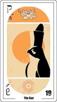 ägyptisch Tarot Karte Nummer neunzehn namens das Sonne. Illustration von ein Falke Nächster zu das Solar- Platte mit warm Farben. vektor