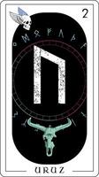 Wikinger Tarot Karte mit Runen Alphabet. Runen Brief namens uruz Nächster zu das Skelett von ein Auerochsen mit Hörner vektor