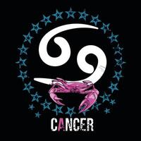 2 t-shirt design av de cancer symbol omgiven förbi stjärnor och en rosa krabba på en svart bakgrund. zodiaken vektor