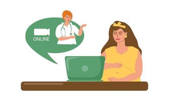 schwanger Frau haben ein online Beratung mit ein Arzt. Mutterschaft, Pflege zum das Gesundheit von das erwartungsvoll Mutter, medizinisch Pflege, Unterstützung, modern Technologie. Vektor Farbe Illustration.