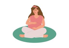 en ung gravid kvinna sitter benen i kors på en matta och ler. avslappning, meditation, moderskap lämna, moderskap, förväntans mor mediterar. färgad vektor illustration