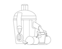 elektrisk juicepress och glas med färsk juice och frukter, kök vitvaror, vektor svart och vit kontur illustration