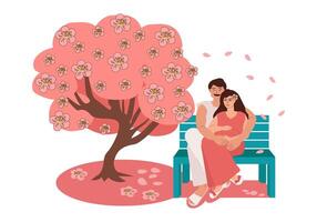 ein Familie von ein Mann und ein schwanger Frau sind Sitzung im ein Umarmung auf ein Park Bank in der Nähe von Kirsche blüht. Sakura Festival, Familie, Liebe, Schwangerschaft. Vektor Karikatur Illustration.