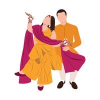 Vektor süß indisch Paar Karikatur im traditionell Kleid posieren zum Hochzeit Einladung Karte Design
