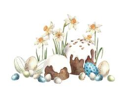 Aquarell Ostern Komposition von Ostern Kuchen, Eier und Gelb Narzissen. Ostern Urlaub Illustration Hand gezeichnet. skizzieren auf isoliert Hintergrund zum Gruß Karten, Einladungen, glücklich Feiertage, Plakate vektor